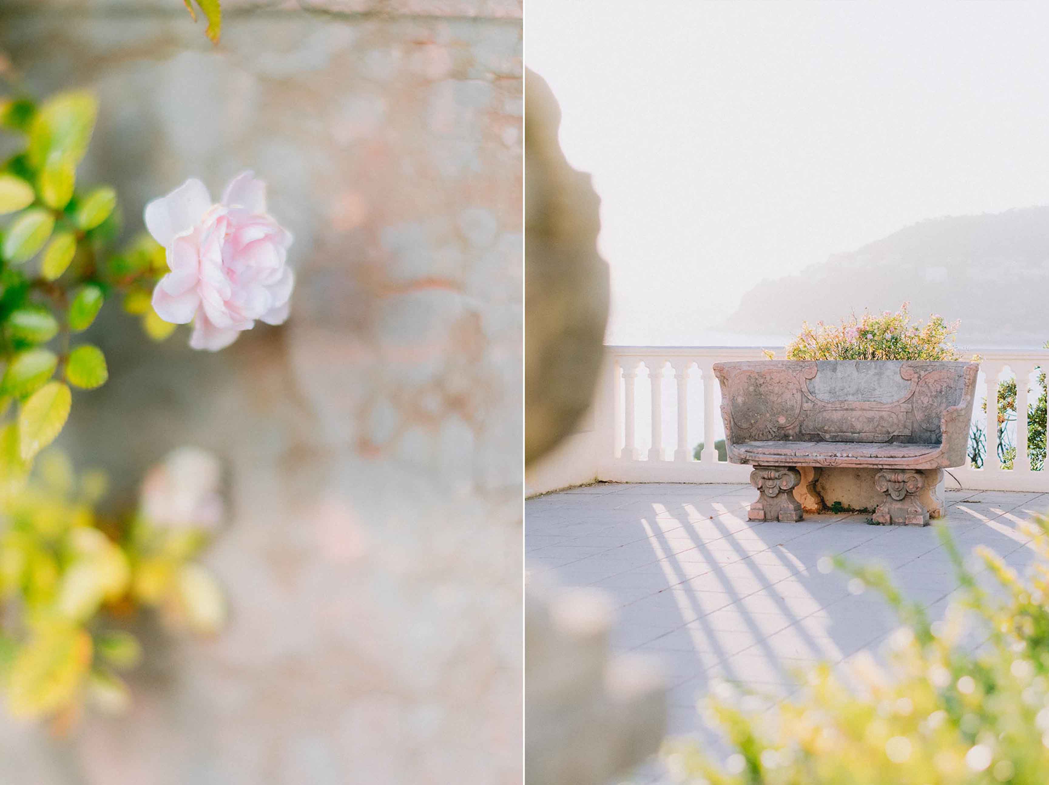 Mediterranean view from a stone terrace in the gardens of Villa Ephrussi de Rothschild